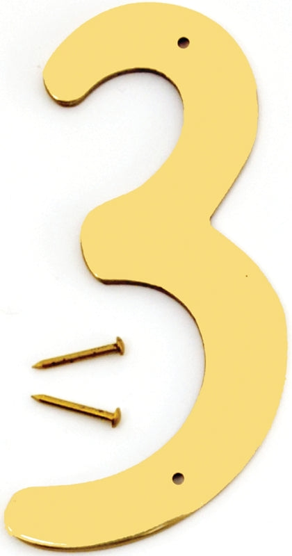 Hy-Ko BR-40/3 House Number, Character: 3, 4 in H Character, 2-1/2 in W Character, Brass Character, Brass