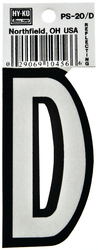 Hy-Ko PS-20/D Reflective Letter, Character: D, 3-1/4 in H Character, Black/White Character, Vinyl