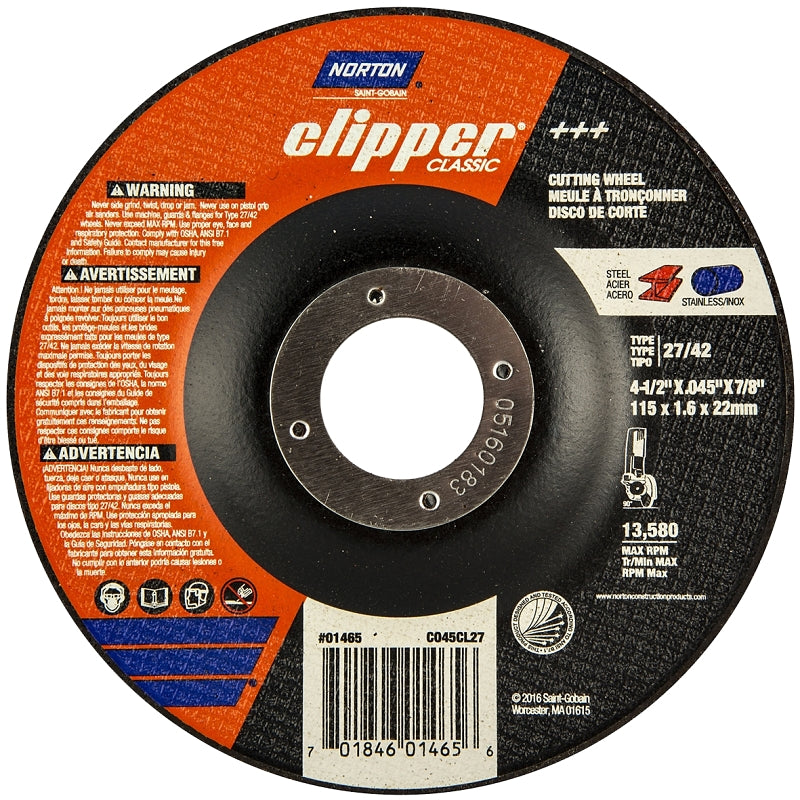Norton Clipper Classic A AO Series 70184601465 Cut-Off Wheel, 4-1/2 in Dia, 0.045 in Thick, 7/8 in Arbor