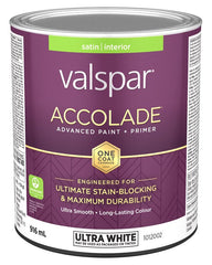 Accolade 029.1012002.005 Interior Paint and Primer, Acrylic, Satin, Ultra White, 1 qt, 37 sq-m Coverage Area