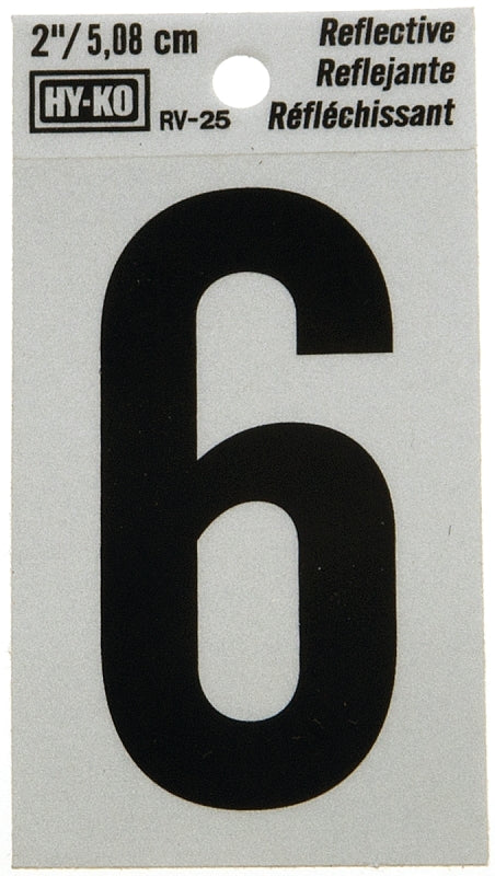 Hy-Ko RV-25/6 Reflective Sign, Character: 6, 2 in H Character, Black Character, Silver Background, Vinyl