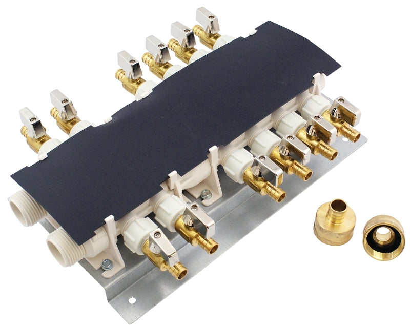 Apollo Valves 6907912CP Manifold System, 14 in OAL, 2-Inlet, 3/4 in Inlet, 12-Outlet, 1/2 in Outlet, Brass
