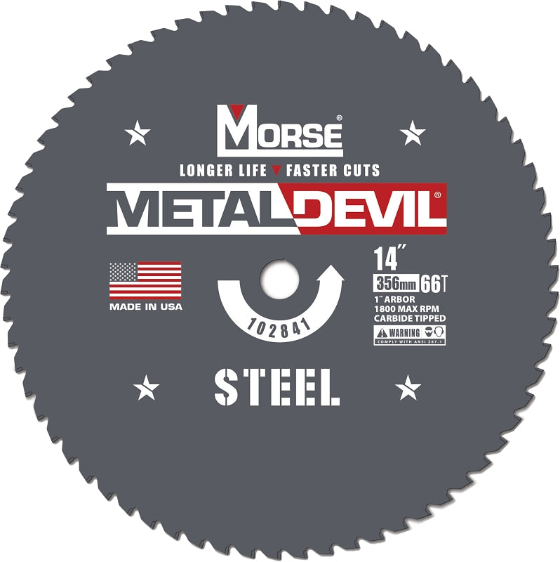 MORSE Metal Devil 102841 Circular Saw Blade, 14 in Dia, 1 in Arbor, 66 -Teeth, Applicable Materials: Iron, Steel