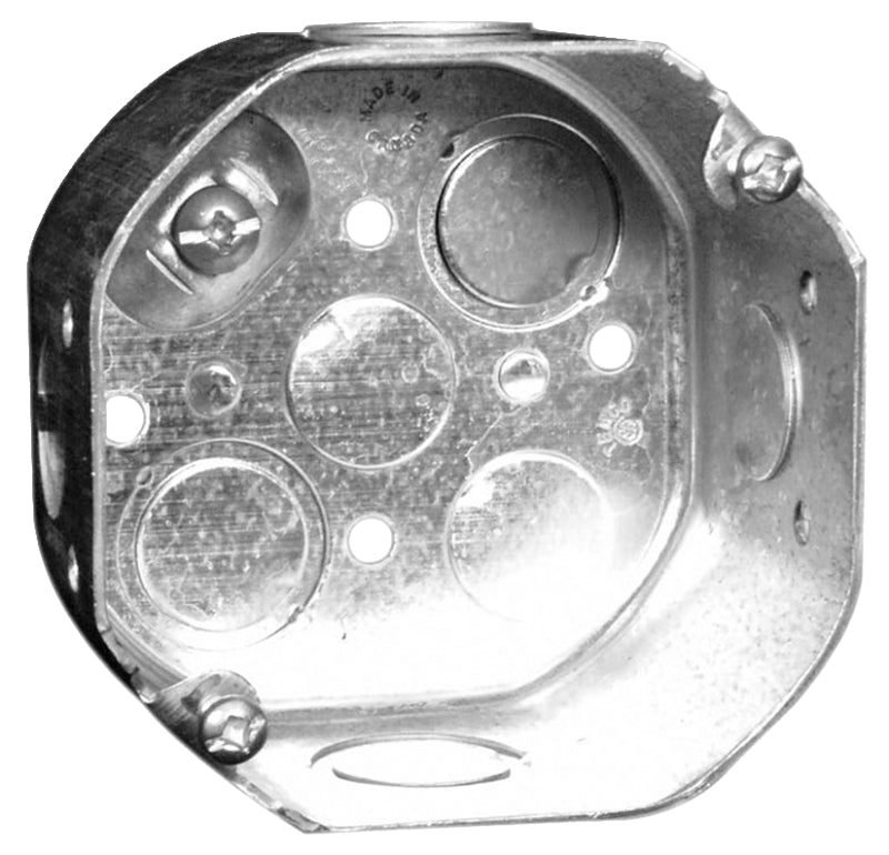 Hubbell 54171KBAR Octagonal Box, 4 in OAW, 2-1/8 in OAD, 8-Knockout, Metal Housing Material