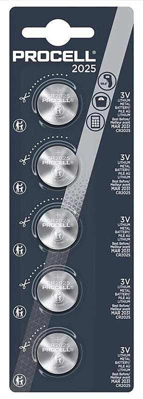 Procell PC2025 Coin Cell Battery, 3 V Battery, 185 mAh, Lithium Manganese Dioxide