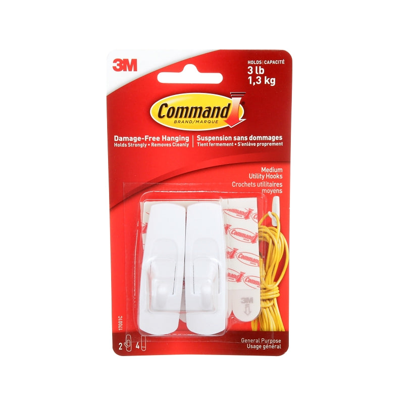 Command 17001C Utility Hook, 3, 4 lb, 2-Hook, Plastic, White