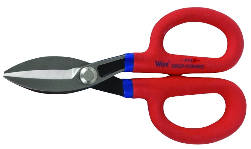 Crescent Wiss A13N Tinner's Snip, 7 in OAL, 1-3/4 in L Cut, Straight Cut, Steel Blade, Cushion-Grip Handle, Red Handle