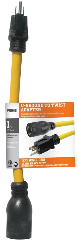 Prime AD110801L U-Ground to Twist Adapter, 15 A, 125 V, 1 -Outlet, Yellow