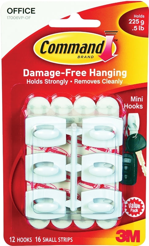 Command 17006-VP Adhesive Hook, 0.5 lb, 18-Hook, Plastic, White