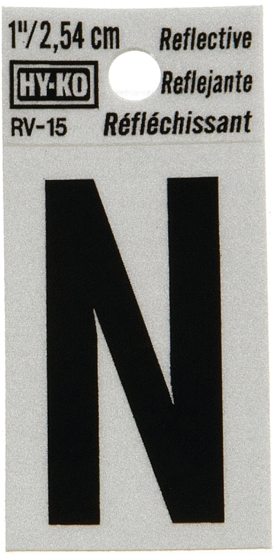 Hy-Ko RV-15/N Reflective Letter, Character: N, 1 in H Character, Black Character, Silver Background, Vinyl
