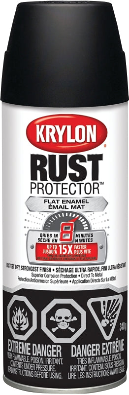 Krylon Rust Protector K06903507 Rust Preventative Spray Paint, Flat, Black, 12 oz, Can