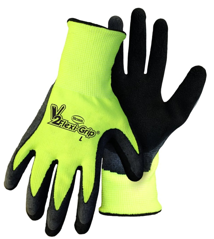 Boss Tactile Grip Series B31282-M3P Coated Gloves, M, Knit Wrist Cuff, Latex Coating, Polyester, Black/Hi-Viz Yellow