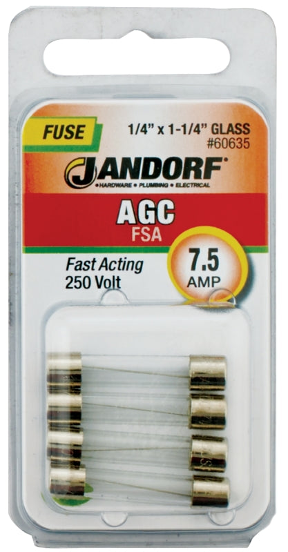 Jandorf 60635 Fast Acting Fuse, 7.5 A, 250 V, 200 A, 10 kA Interrupt, Glass Body