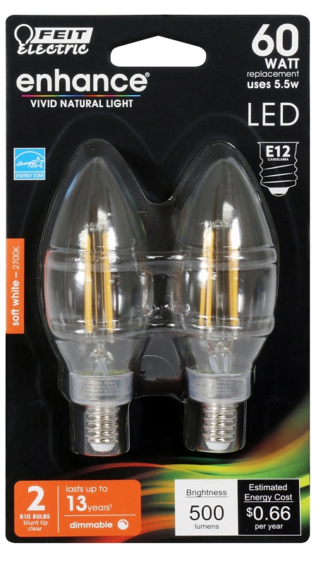 Feit Electric BPCTC60927CAFIL/2/RP LED Bulb, Decorative, B10 Lamp, 60 W Equivalent, E12 Lamp Base, Dimmable, Clear