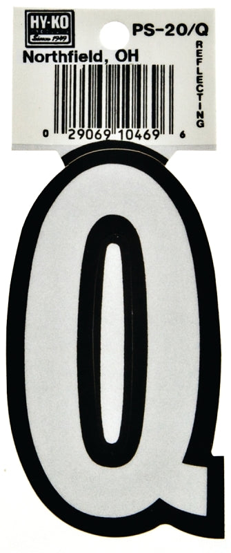 Hy-Ko PS-20/Q Reflective Letter, Character: Q, 3-1/4 in H Character, Black/White Character, Vinyl