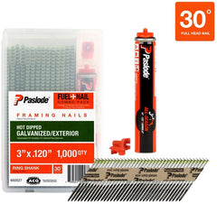 Paslode 650527 Framing Fuel and Nail Combo Pack, 3 in L, Low Carbon Steel, Hot-Dip Galvanized, Round Head, Ring Shank