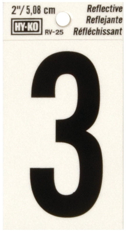 Hy-Ko RV-25/3 Reflective Sign, Character: 3, 2 in H Character, Black Character, Silver Background, Vinyl