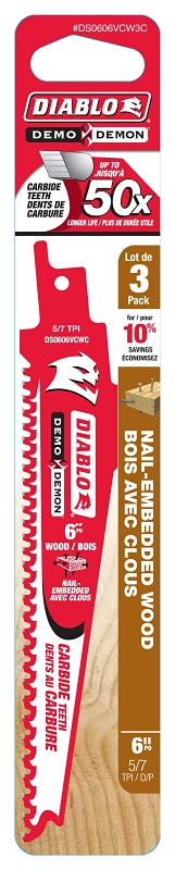 Diablo DS0606VCW3C Reciprocating Saw Blade, 6 in L, Carbide Cutting Edge