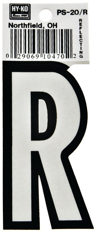 Hy-Ko PS-20/R Reflective Letter, Character: R, 3-1/4 in H Character, Black/White Character, Vinyl