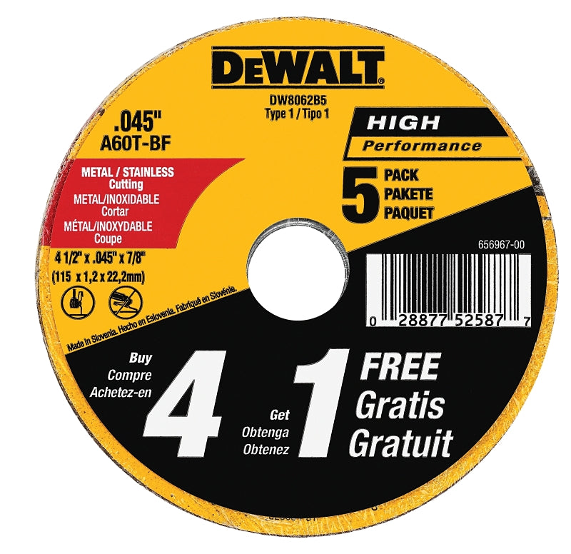 DeWALT DW8062B5 Cutting Wheel, 4-1/2 in Dia, 0.045 in Thick, 7/8 in Arbor, 60 Grit, Aluminum Oxide Abrasive