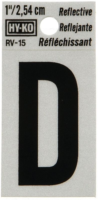 Hy-Ko RV-15/D Reflective Letter, Character: D, 1 in H Character, Black Character, Silver Background, Vinyl