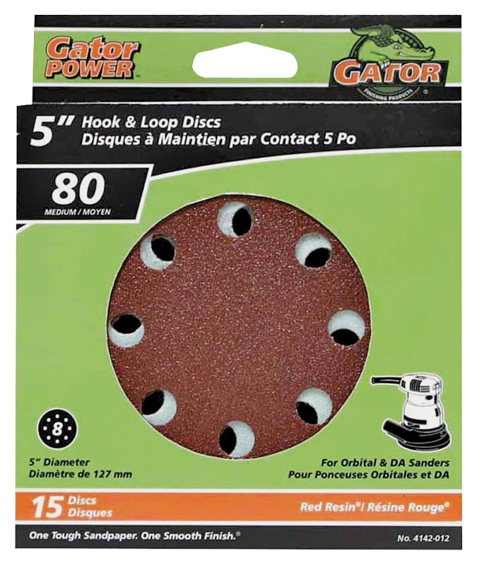 Gator 4142-012 Sanding Disc, 5 in Dia, 80 Grit, Medium, Aluminum Oxide Abrasive, Vented