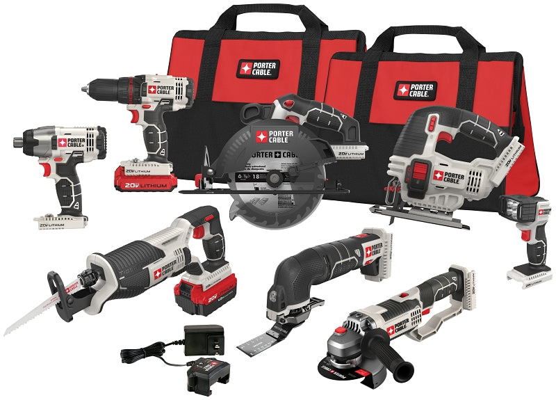 PORTER-CABLE PCCK619L8 Combination Kit, Battery Included, 20 V, 8-Tool, Lithium-Ion Battery
