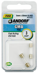 Jandorf 60685 Fast Acting Fuse, 3 A, 250 V, 100 A, 10 kA Interrupt, Glass Body