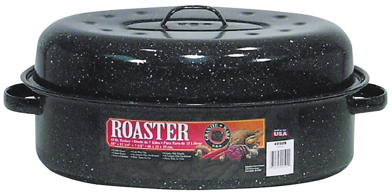 Granite Ware F0509-2 Roaster, 15 lb Capacity, Porcelain/Steel, Black, Dark Enamel, 18 in L, 12-1/4 in W, 7-1/2 in H