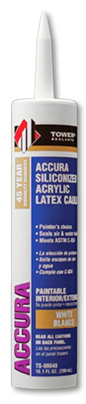 Tower Sealants ACCURA TS-00048 Silicone Caulk, White, 7 to 14 days Curing, 40 to 140 deg F, 10.1 fl-oz Tube