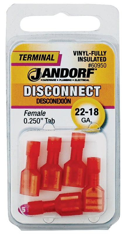Jandorf 60950 Disconnect Terminal, 22 to 18 AWG Wire, Vinyl Insulation, Copper Contact, Red