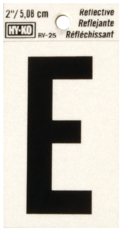 Hy-Ko RV-25/E Reflective Letter, Character: E, 2 in H Character, Black Character, Silver Background, Vinyl