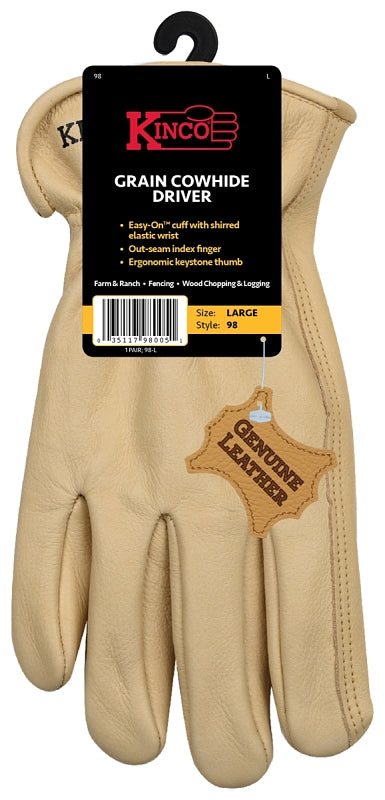 Kinco 98-XL Driver's Gloves, Men's, XL, Keystone Thumb, Shirred Elastic Cuff, Cowhide Leather, Tan