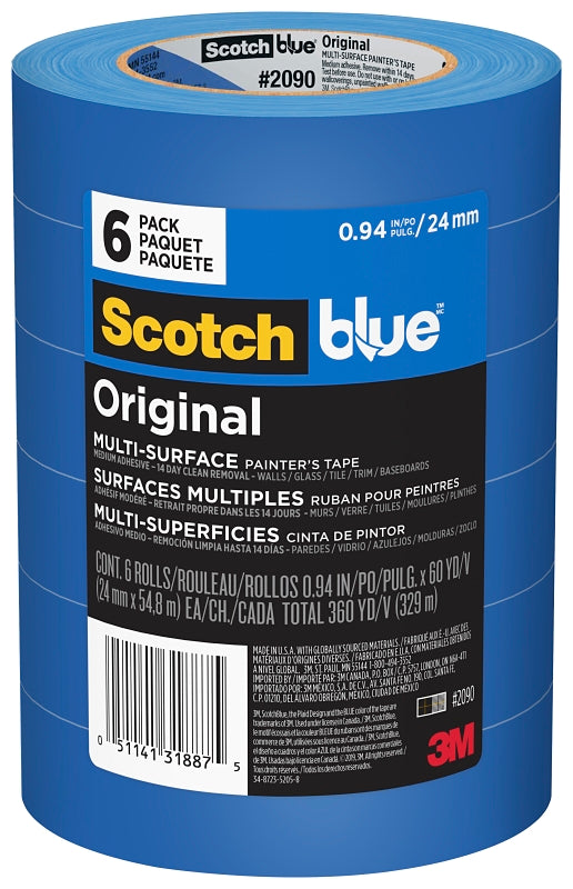 ScotchBlue 2090-24EVP Painter's Tape, 60 yd L, 0.94 in W, Crepe Paper Backing, Blue