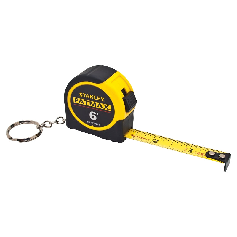 Fatmax FMHT33706M Keychain Tape Measure, 6 ft L Blade, 1/2 in W Blade, Steel Blade, ABS Case, Black/Yellow Case