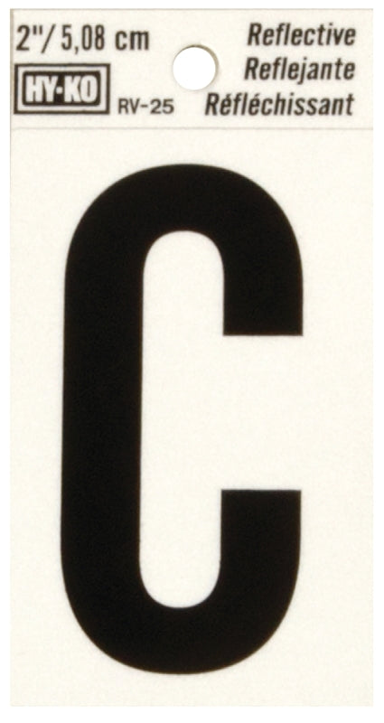 Hy-Ko RV-25/C Reflective Letter, Character: C, 2 in H Character, Black Character, Silver Background, Vinyl