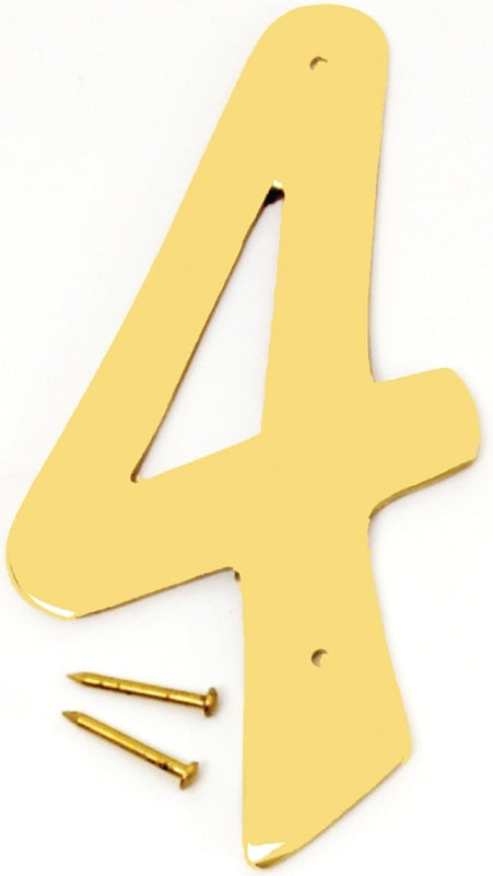 Hy-Ko BR-40/4 House Number, Character: 4, 4 in H Character, 2-1/2 in W Character, Brass Character, Brass