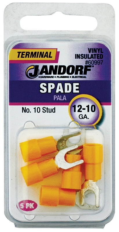 Jandorf 60997 Spade Terminal, 600 V, 12 to 10 AWG Wire, #10 Stud, Vinyl Insulation, Copper Contact, Yellow