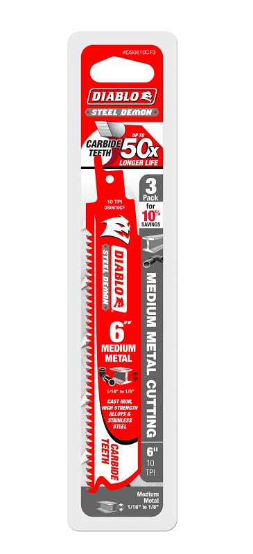 Diablo DS0610CF3 Reciprocating Saw Blade, 6 in L, 10 TPI, Carbide Cutting Edge