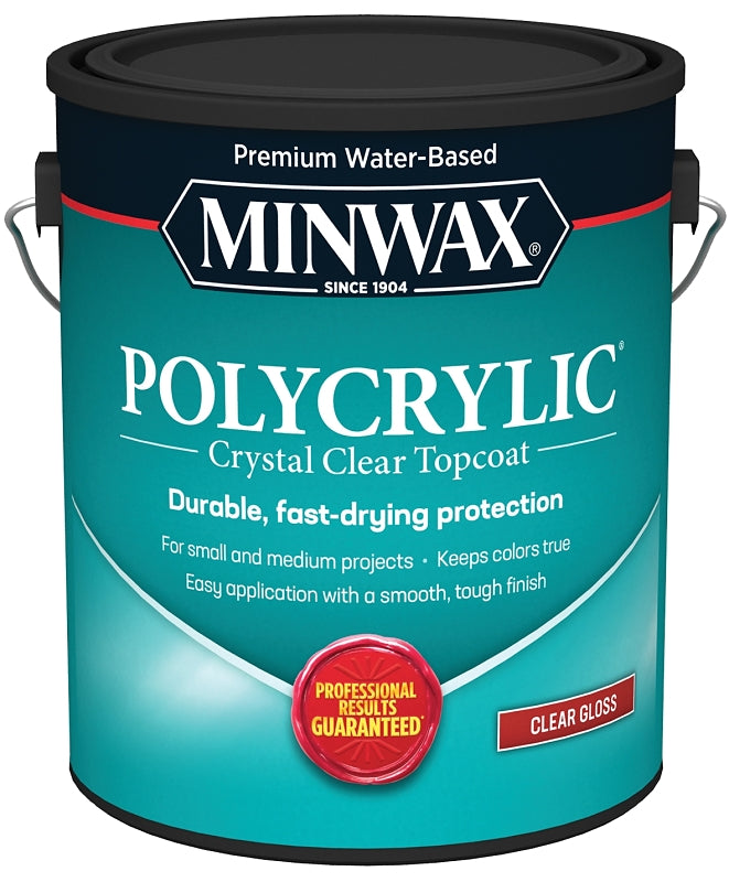Minwax Polycrylic 15555000 Protective Finish Paint, Gloss, Liquid, Crystal Clear, 1 gal, Can