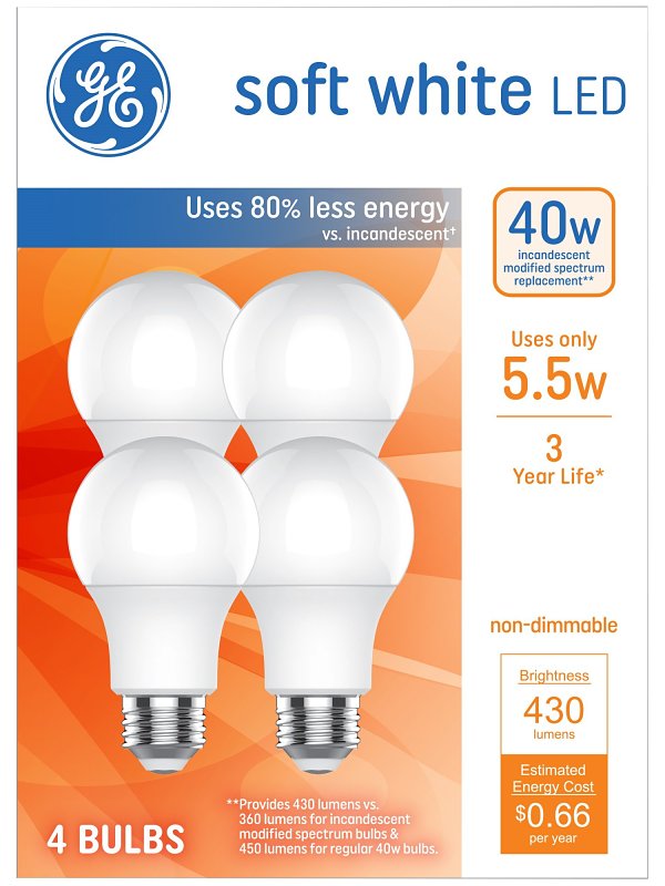 GE 93131062 LED Light Bulb, General-Purpose, A19 Lamp, 40 W Equivalent, E26 Medium Lamp Base, Non-Dimmable