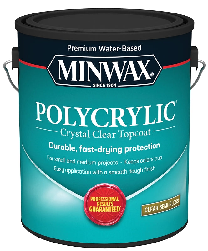 Minwax Polycrylic 14444000 Protective Finish Paint, Semi-Gloss, Liquid, Crystal Clear, 1 gal, Can