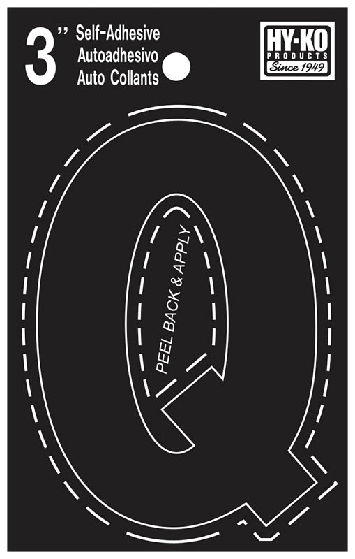 Hy-Ko 30400 Series 30427 Die-Cut Letter, Character: Q, 3 in H Character, Black Character, Vinyl