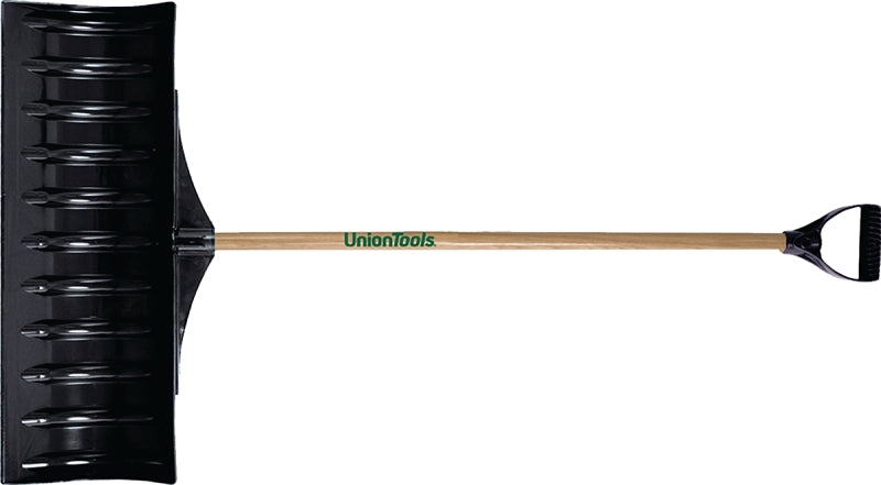 UnionTools 1602100 Snow Pusher, 30 in W Blade, HDPE Blade, Wood Handle, D-Shaped Handle, 52 in L Handle, Blue