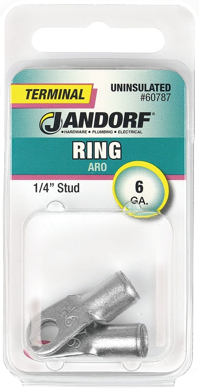 Jandorf 60787 Ring Terminal, 6 AWG Wire, 1/4 in Stud, Copper Contact