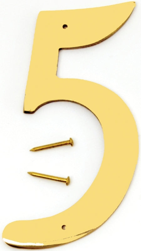 Hy-Ko BR-40/5 House Number, Character: 5, 4 in H Character, 2-1/2 in W Character, Brass Character, Solid Brass