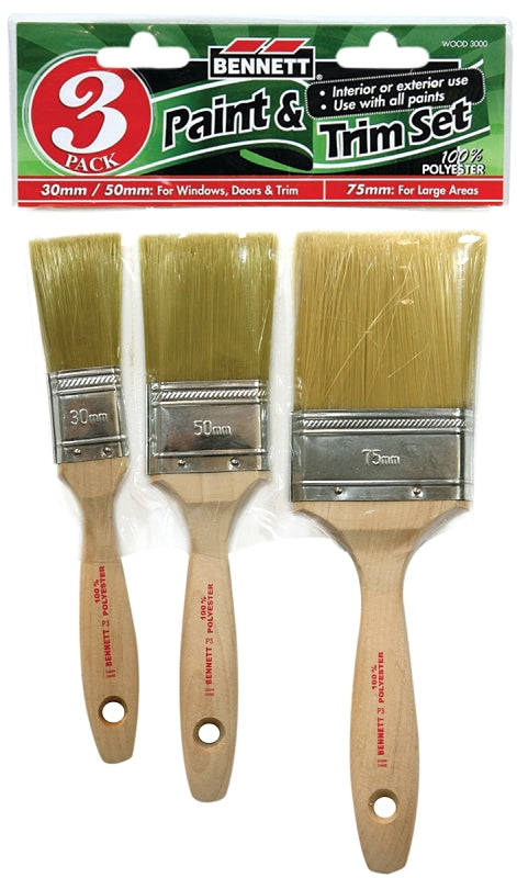 BENNETT WOOD 3000 Paint Brush Set, Angular, 3-Brush
