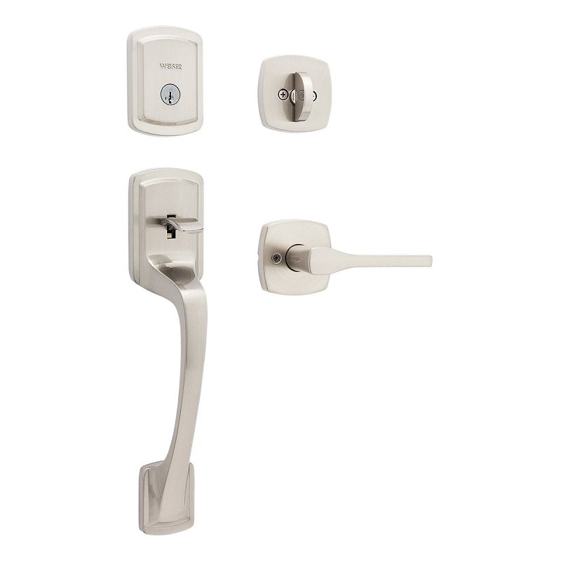 Weiser Prague 9GLA84710-014 Handleset with Prague Lever, 1 Grade, Zinc, Satin Nickel, 2-3/8 to 2-3/4 in Backset