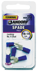 Jandorf 60919 Spade Terminal, 600 V, 16 to 14 AWG Wire, #8 Stud, Vinyl Insulation, Copper Contact, Blue