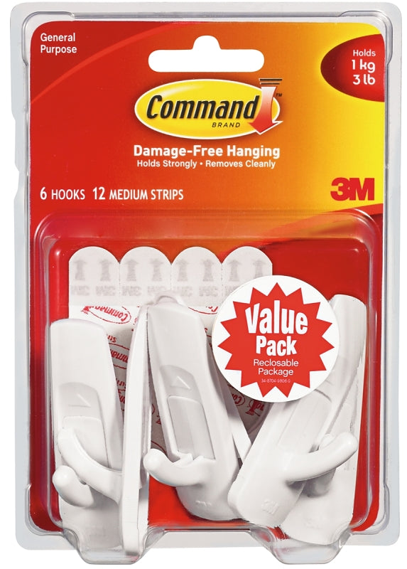 Command 17001-VP-6PK Utility Hook, 7/8 in Opening, 3 lb, 6-Hook, Plastic, White